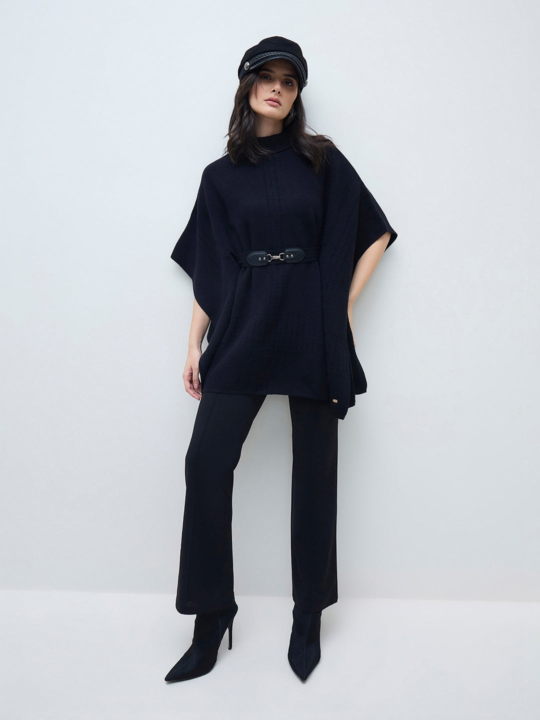 ELLE Women Black Blended Solid High Neck Flat Knitted Sweater