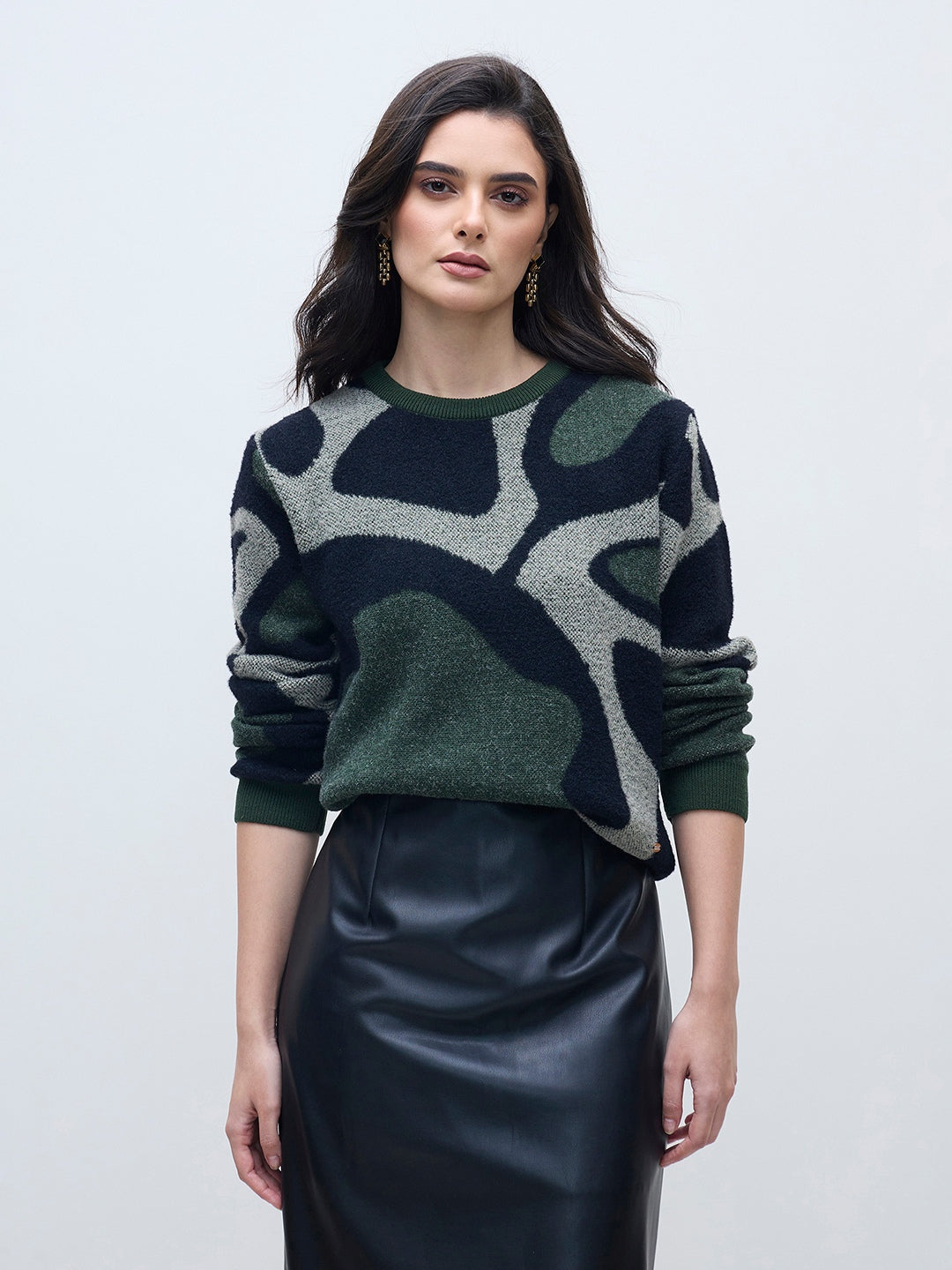 ELLE Women Multi Acrylic Solid Crew Neck Sweater