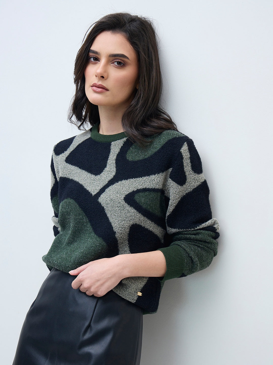 ELLE Women Multi Acrylic Solid Crew Neck Sweater