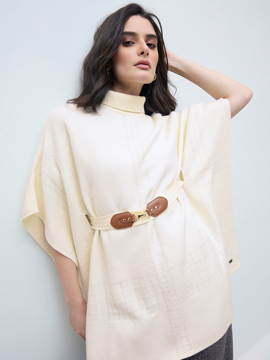 ELLE Women Cream Blended Solid High Neck Sweater