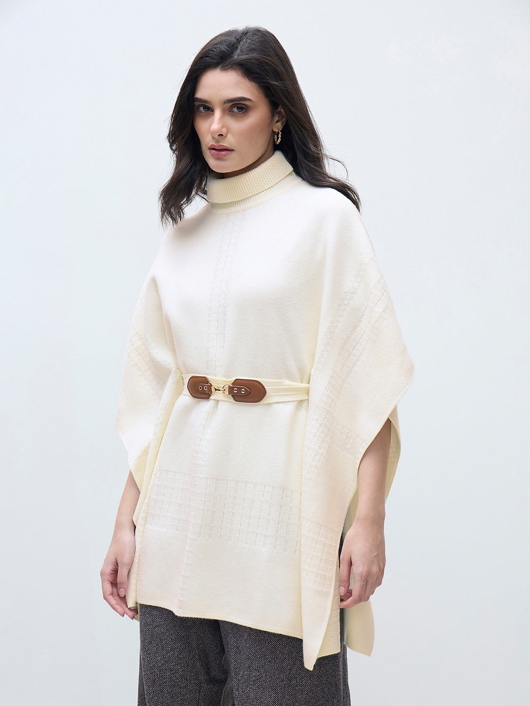 ELLE Women Cream Blended Solid High Neck Sweater