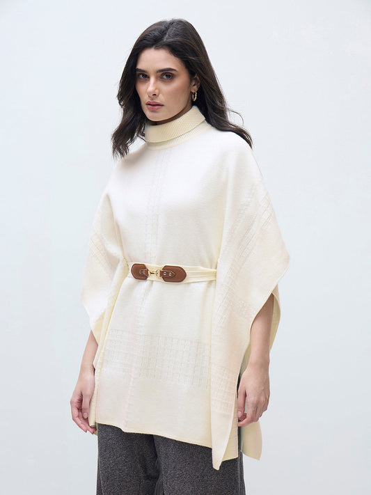 ELLE Women Cream Blended Solid High Neck Sweater