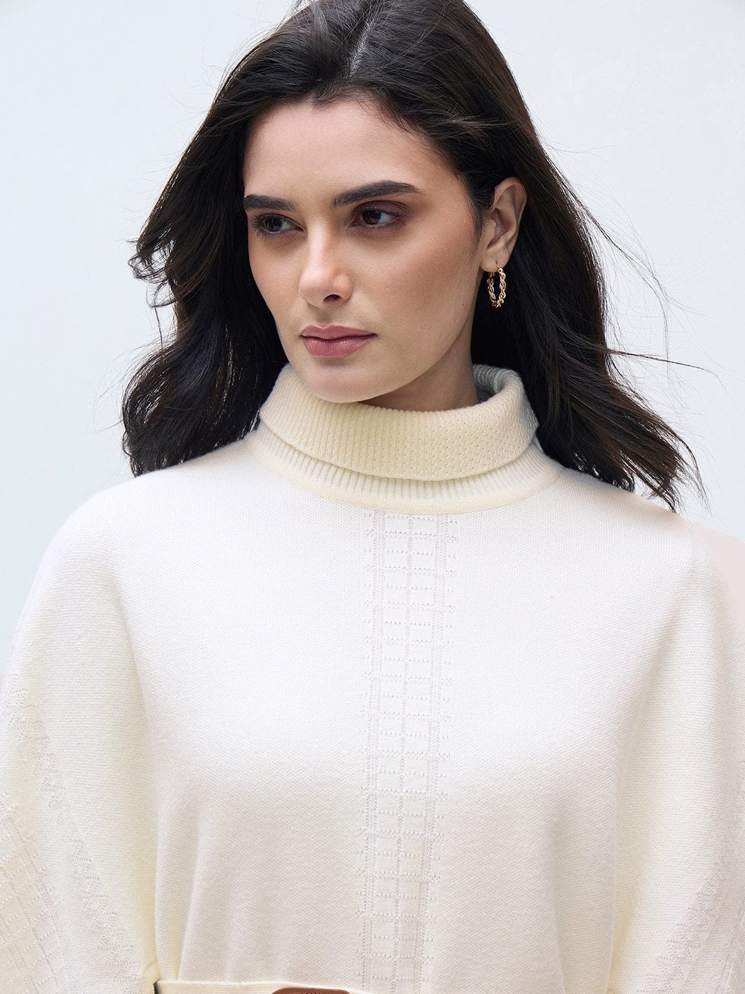 ELLE Women Cream Blended Solid High Neck Sweater