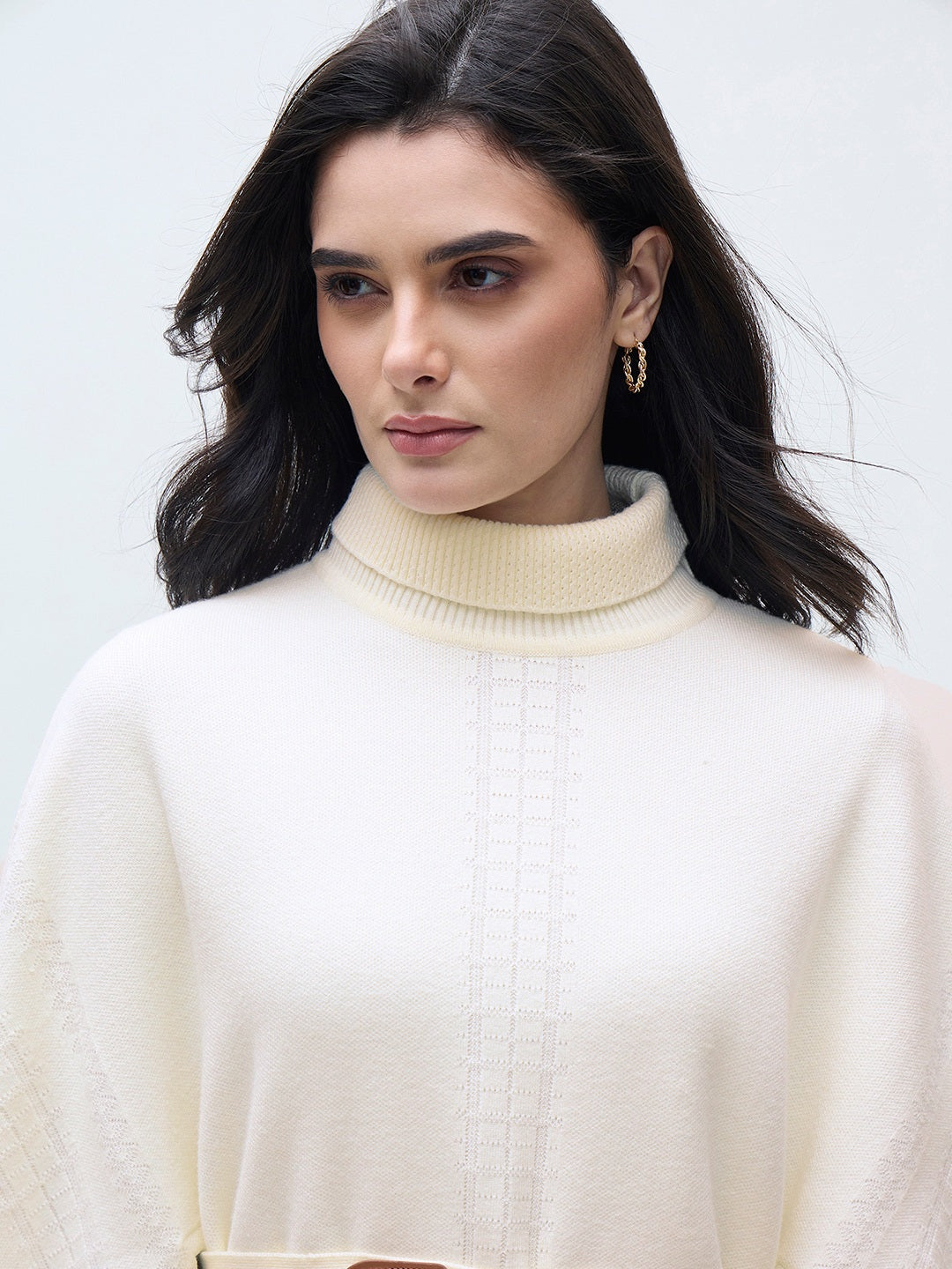 ELLE Women Cream Blended Solid High Neck Sweater