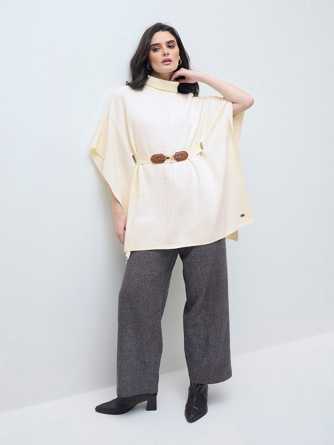 ELLE Women Cream Blended Solid High Neck Sweater