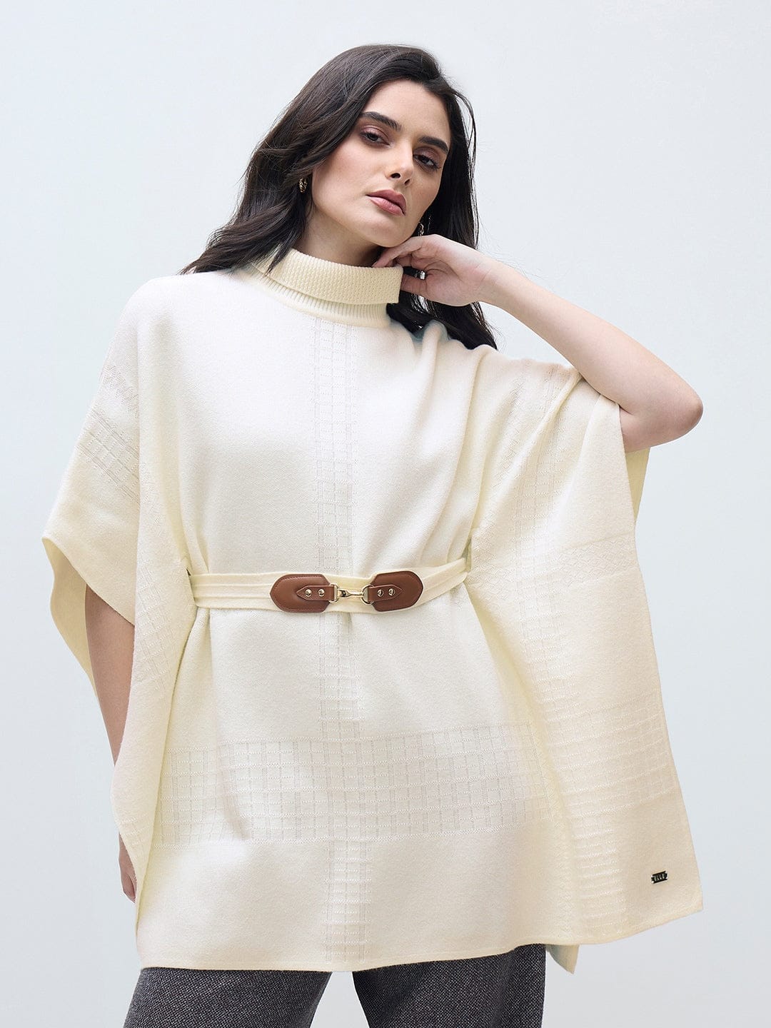 ELLE Women Cream Blended Solid High Neck Sweater