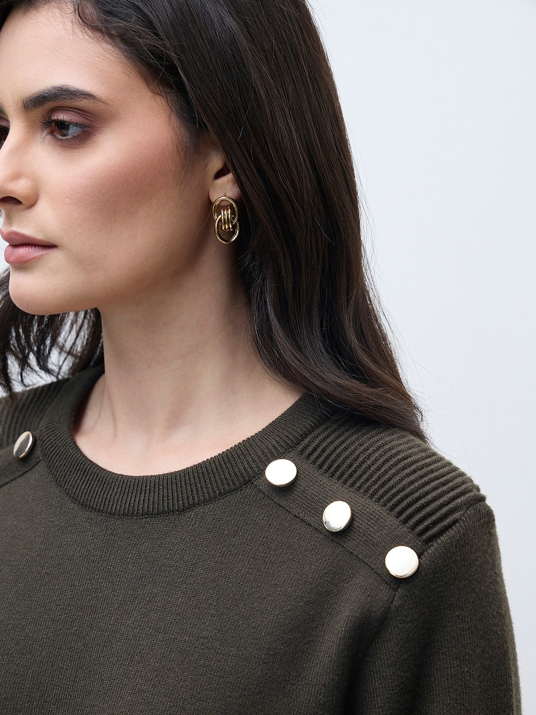 ELLE Women Olive Green Blended Solid Crew Neck Sweater