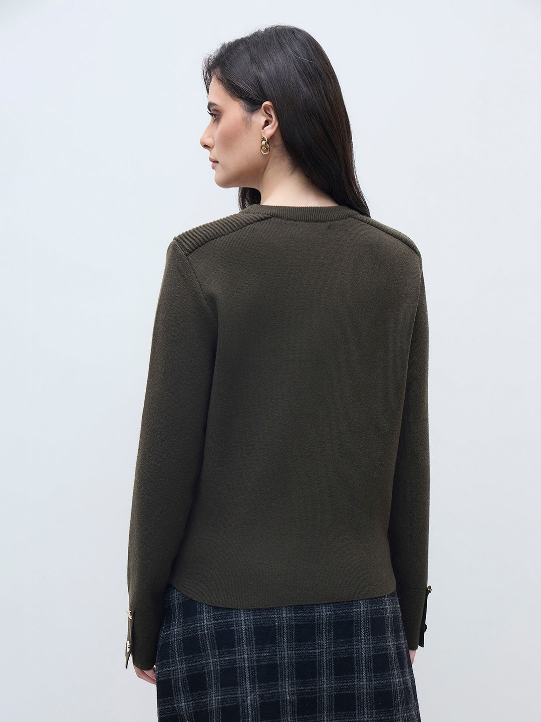 ELLE Women Olive Green Blended Solid Crew Neck Sweater