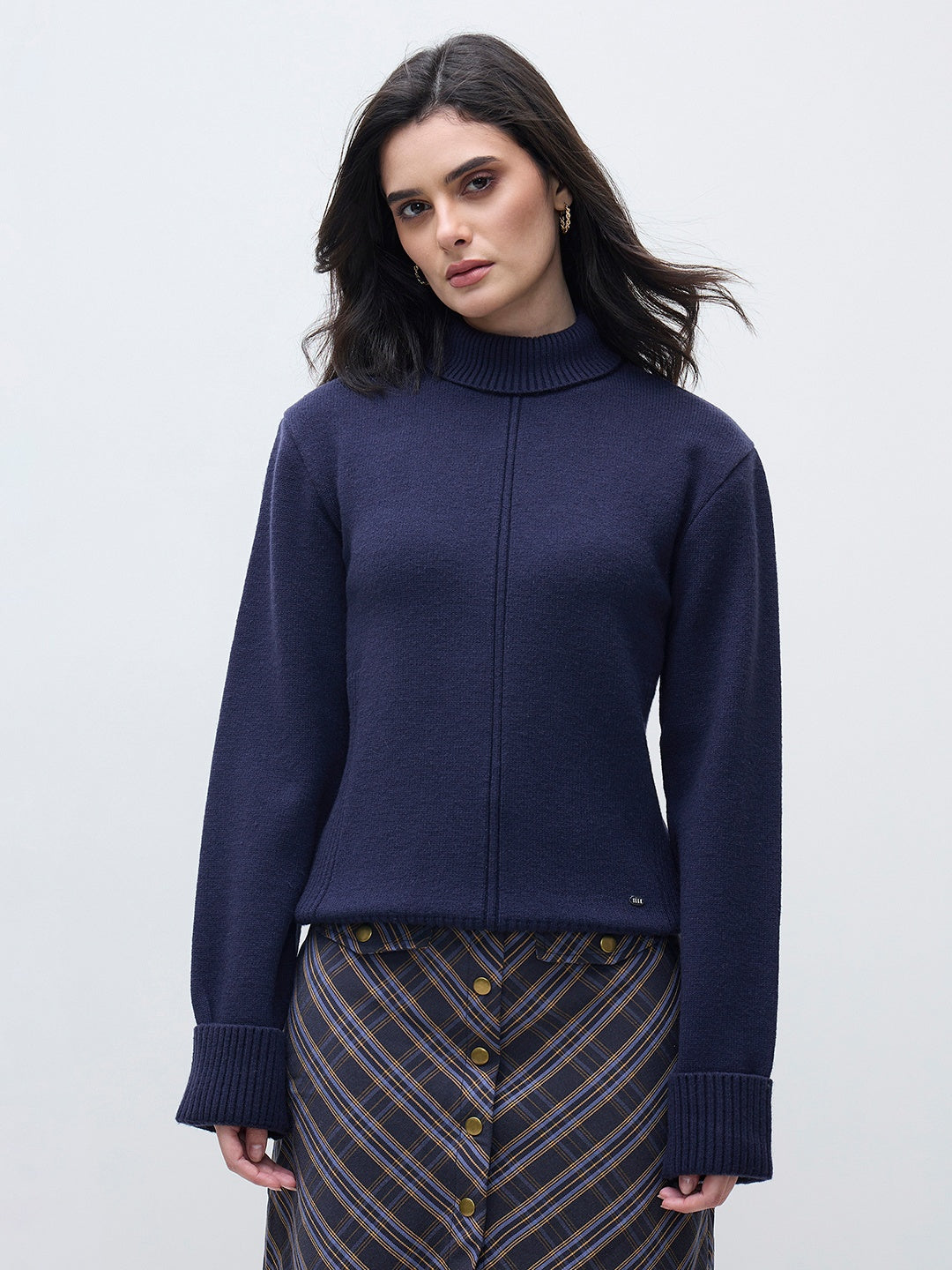 ELLE Women Navy Blue Blended Solid High Neck Sweater