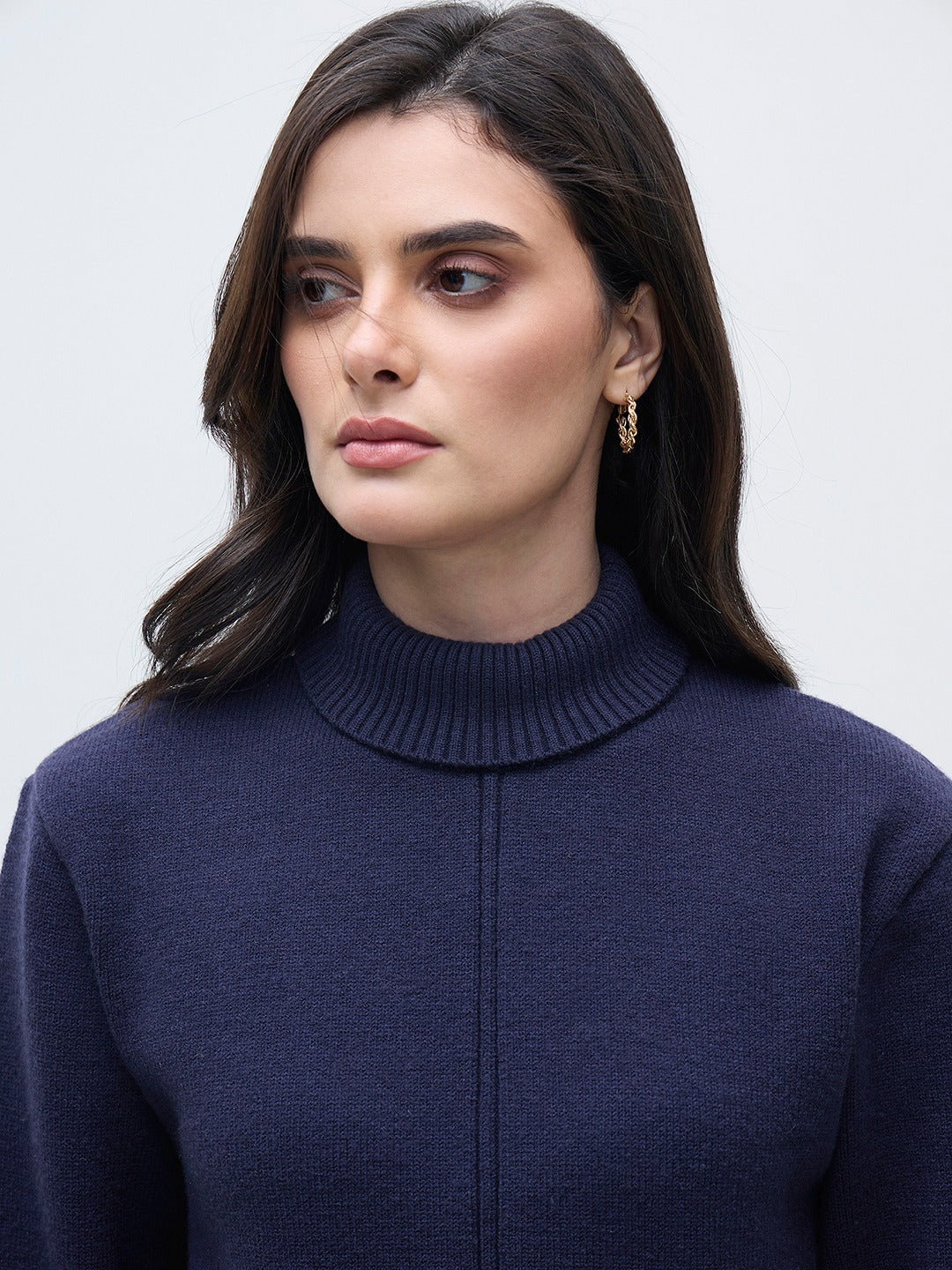 ELLE Women Navy Blue Blended Solid High Neck Sweater