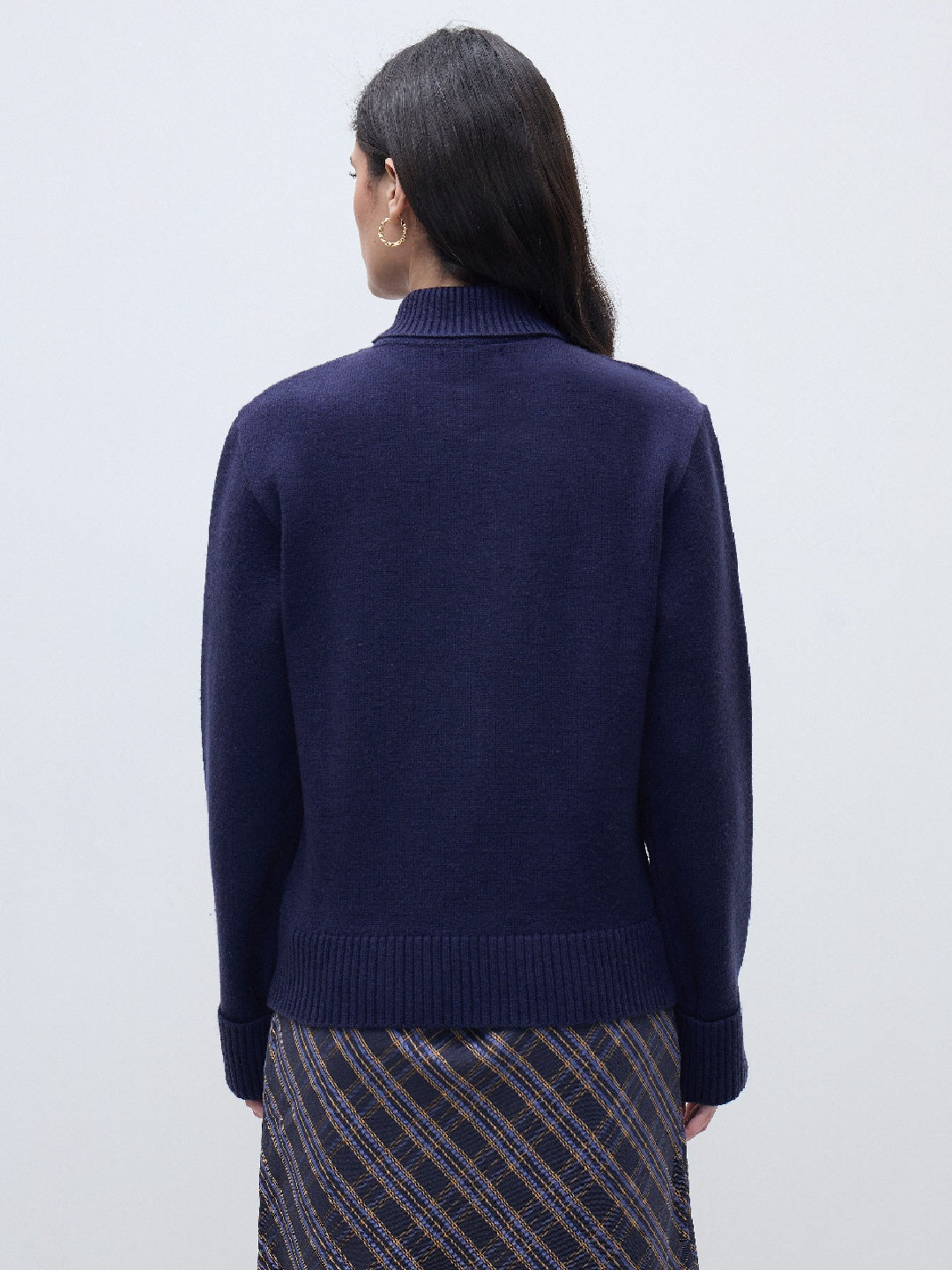 ELLE Women Navy Blue Blended Solid High Neck Sweater