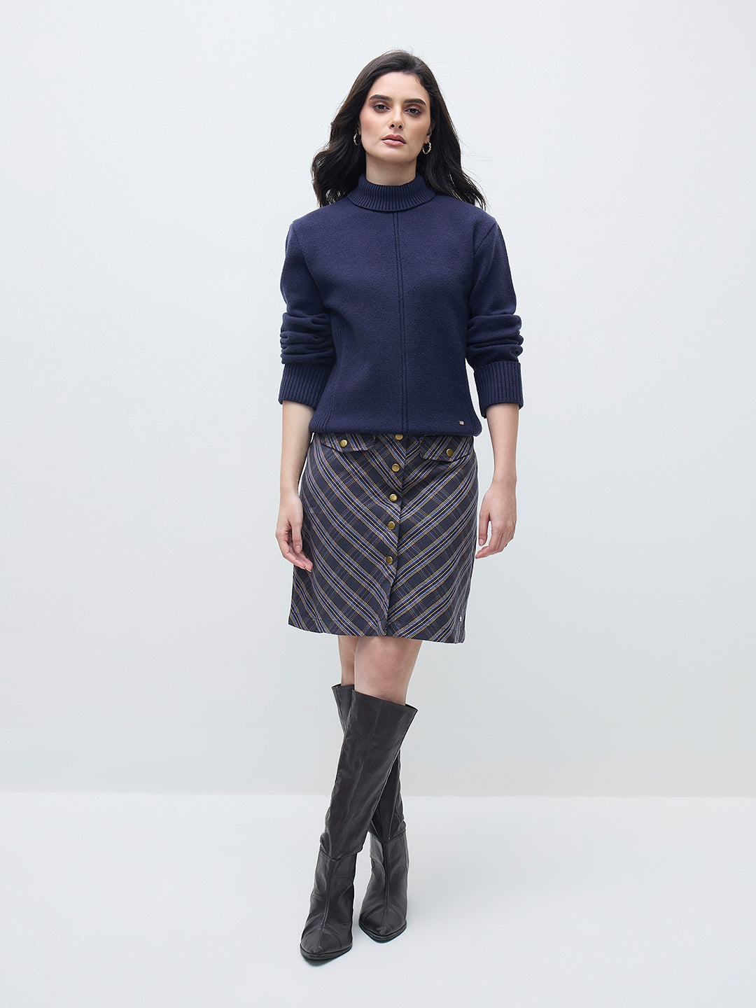 ELLE Women Navy Blue Blended Solid High Neck Sweater