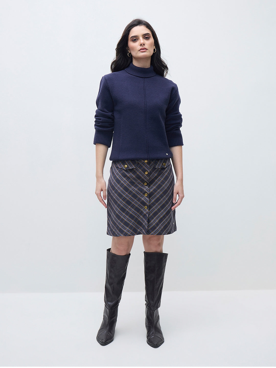 ELLE Women Navy Blue Blended Solid High Neck Sweater