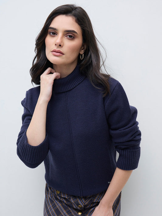 ELLE Women Navy Blue Blended Solid High Neck Sweater