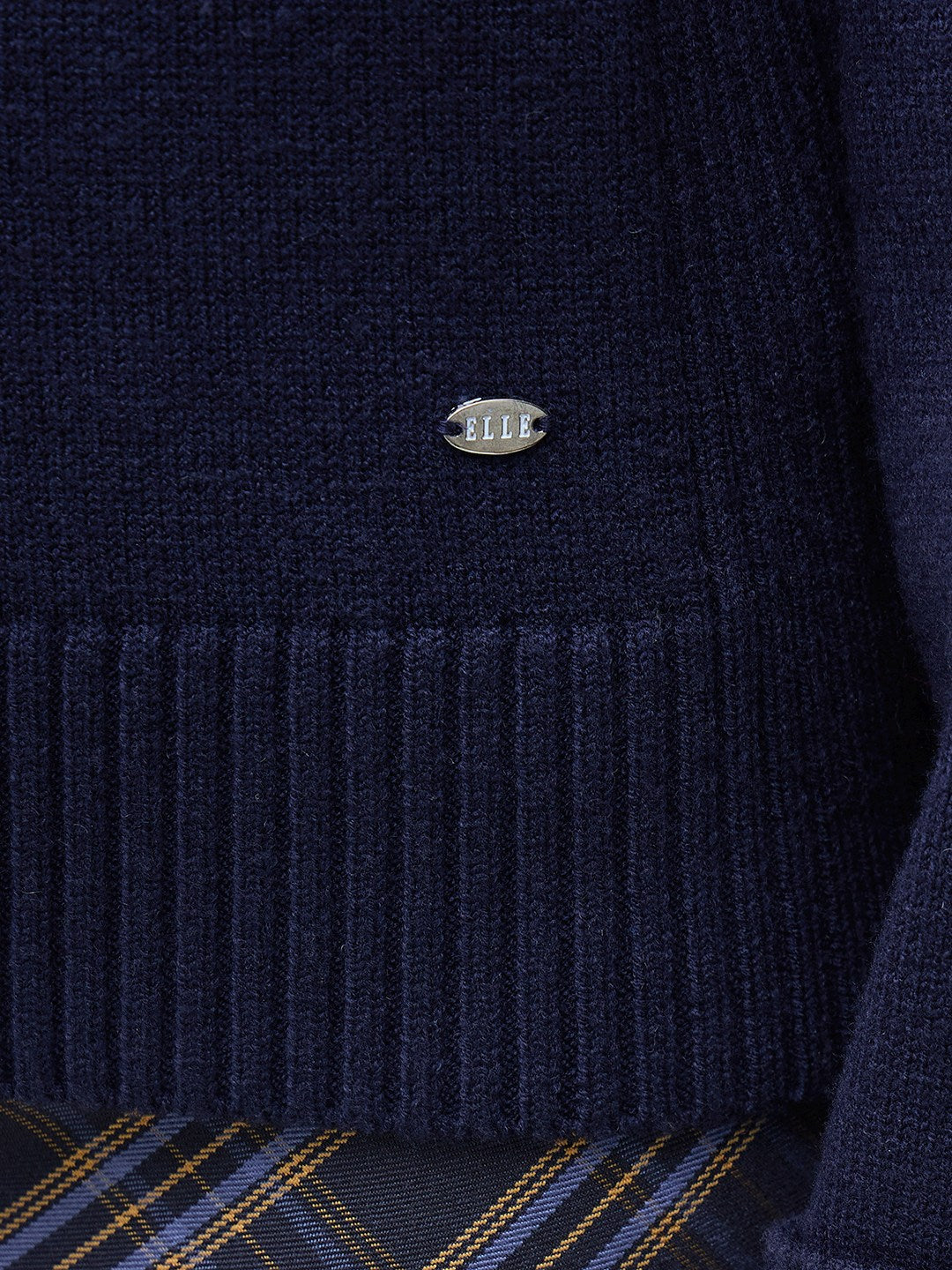 ELLE Women Navy Blue Blended Solid High Neck Sweater