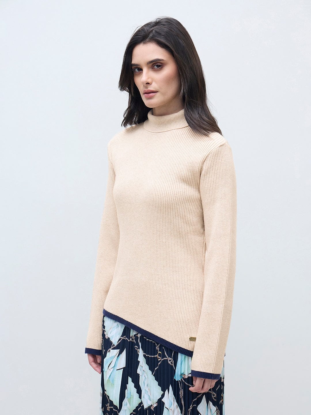 ELLE Women Beige Blended Solid High Neck Sweater