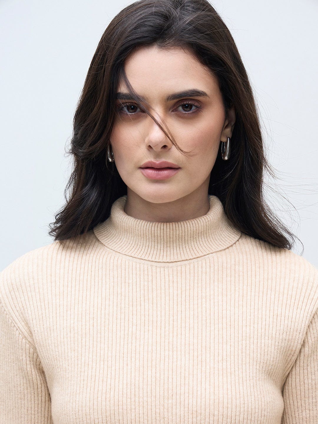 ELLE Women Beige Blended Solid High Neck Sweater