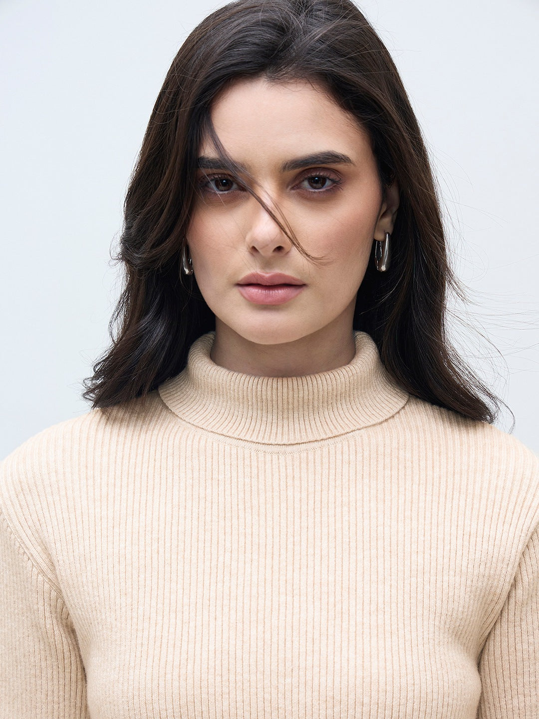 ELLE Women Beige Blended Solid High Neck Sweater