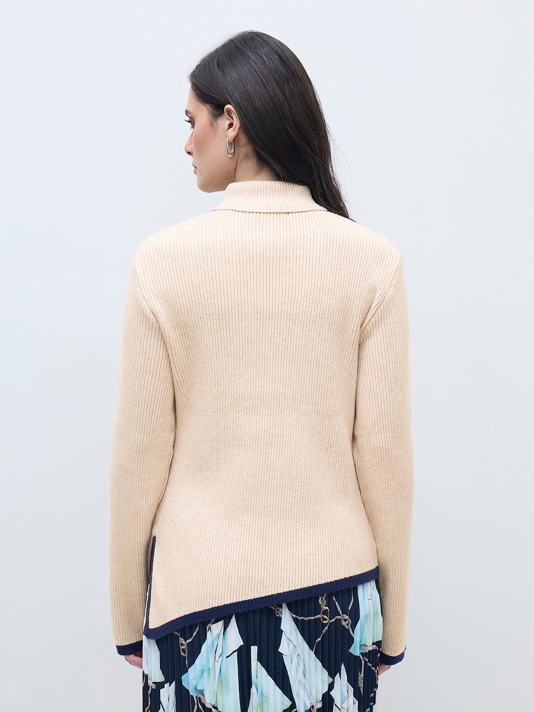 ELLE Women Beige Blended Solid High Neck Sweater