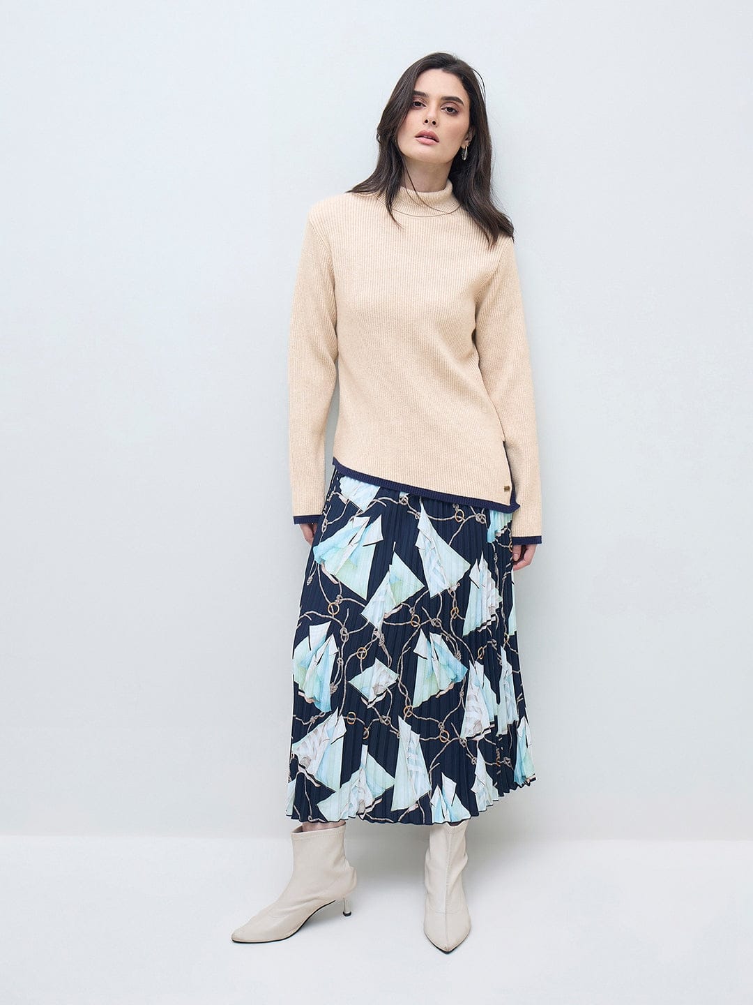 ELLE Women Beige Blended Solid High Neck Sweater