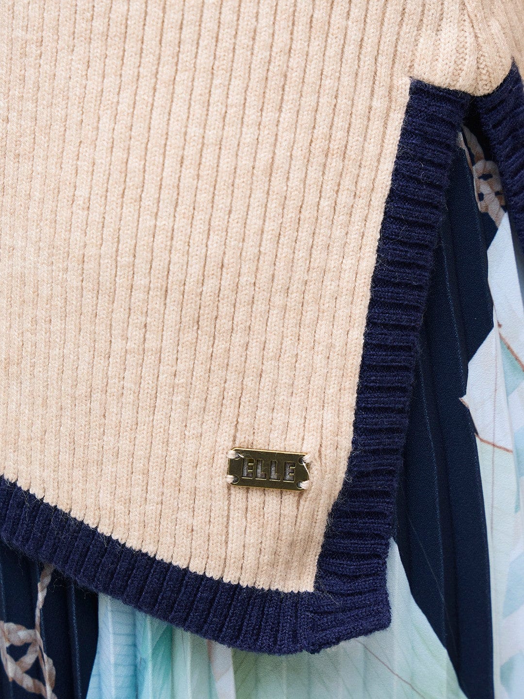 ELLE Women Beige Blended Solid High Neck Sweater