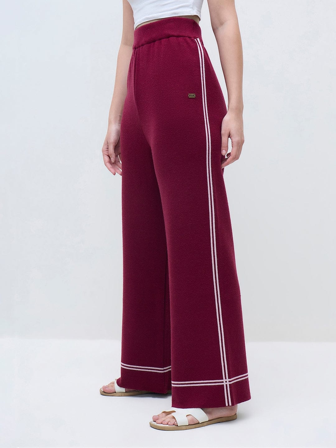ELLE Women Wine Blended Solid Flat Knitted Ribbed Sweatpant