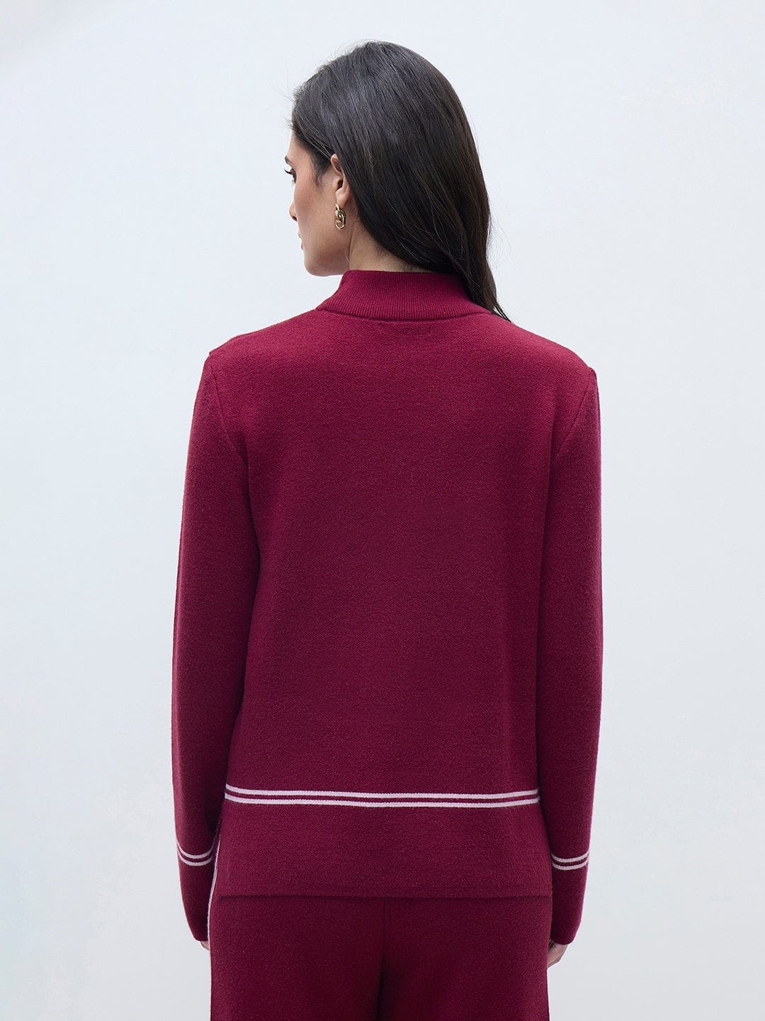 ELLE Women Wine Blended Solid High Neck Sweater