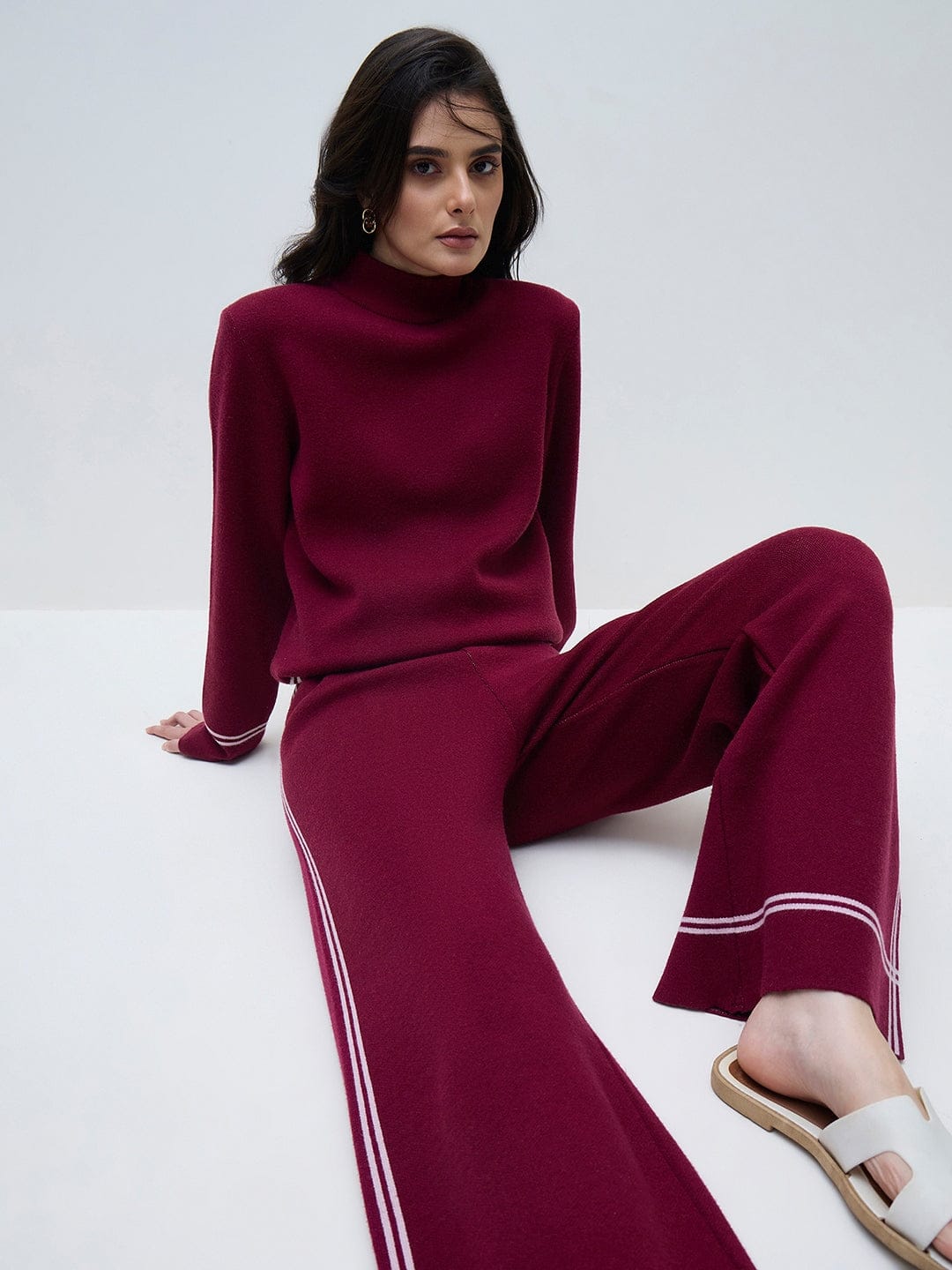 ELLE Women Wine Blended Solid High Neck Sweater