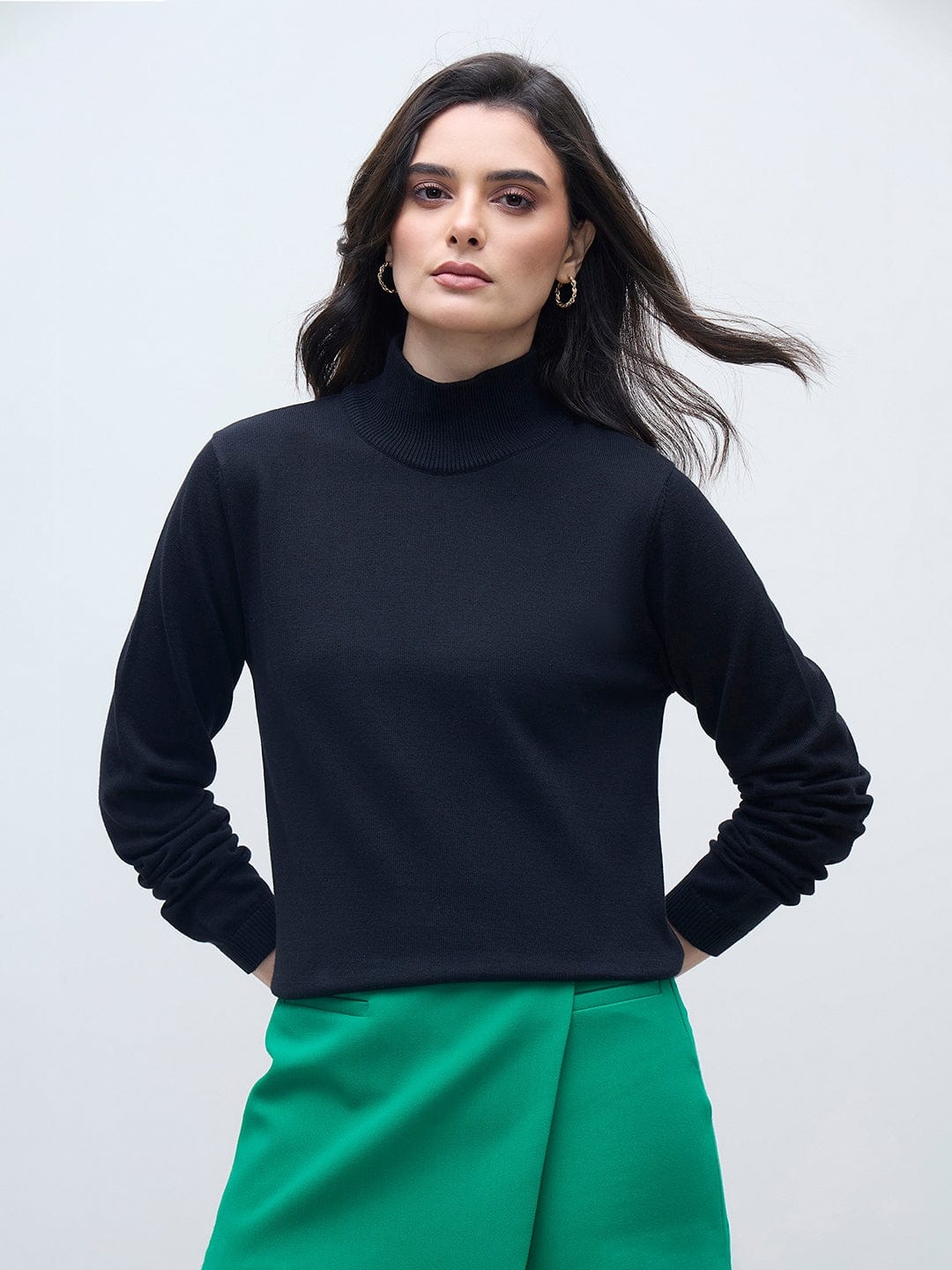 ELLE Women Black Cotton Solid High Rib Neck Sweater