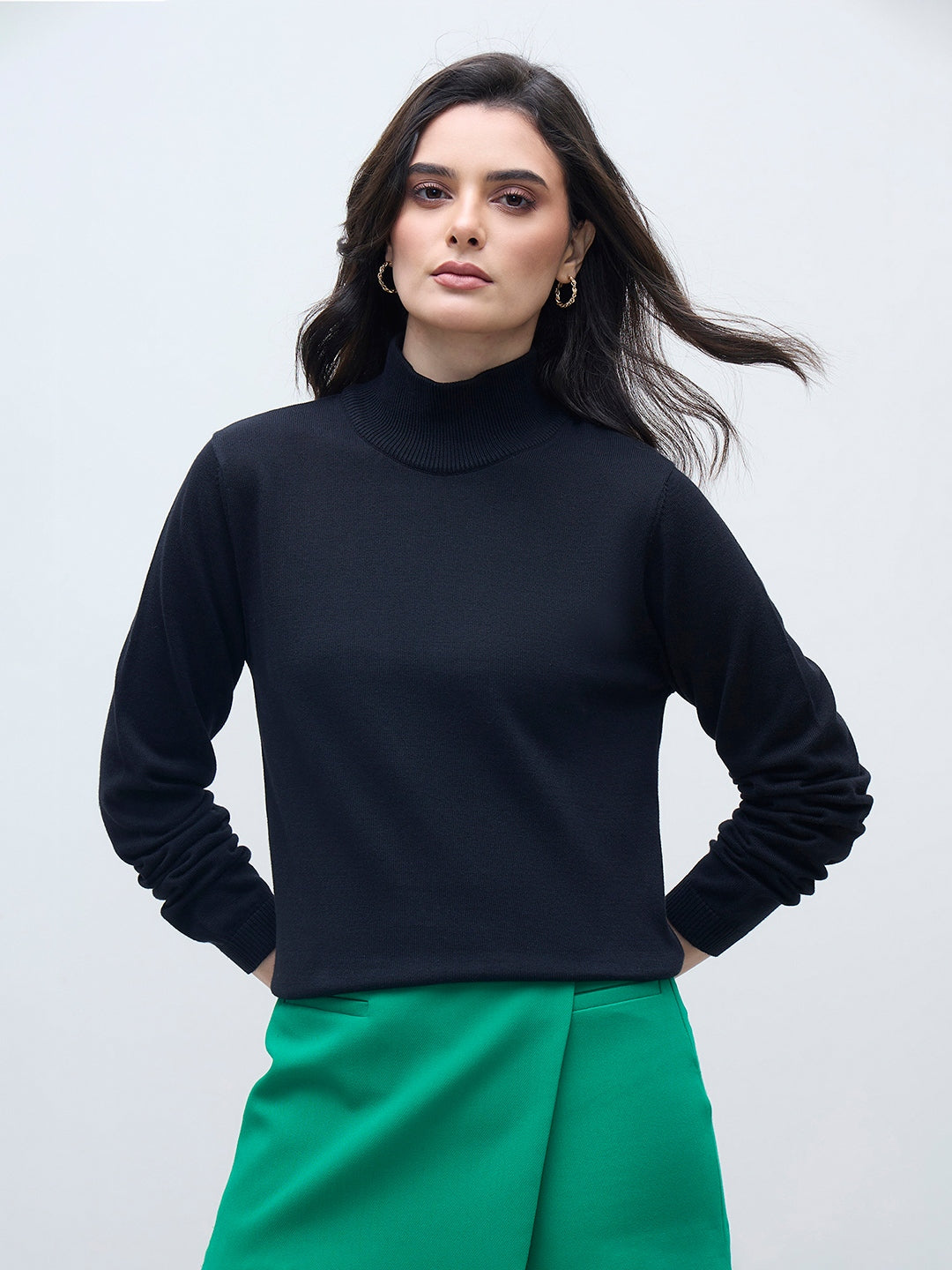 ELLE Women Black Cotton Solid High Rib Neck Sweater