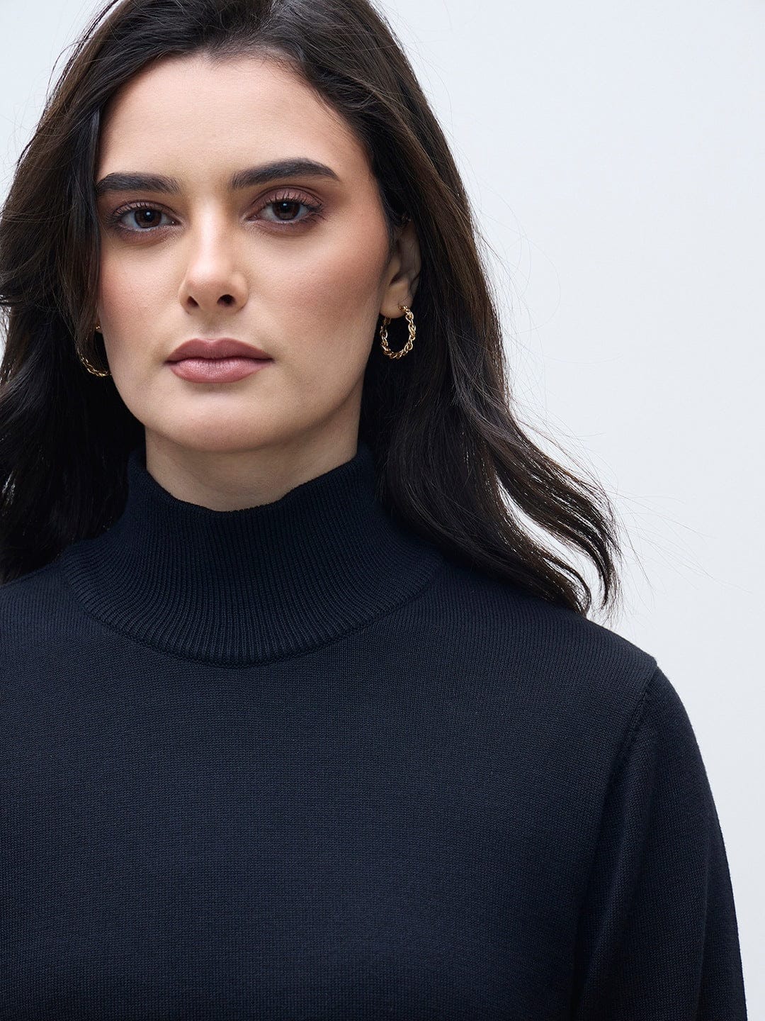 ELLE Women Black Cotton Solid High Rib Neck Sweater