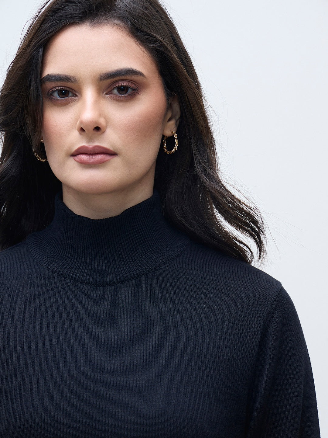 ELLE Women Black Cotton Solid High Rib Neck Sweater