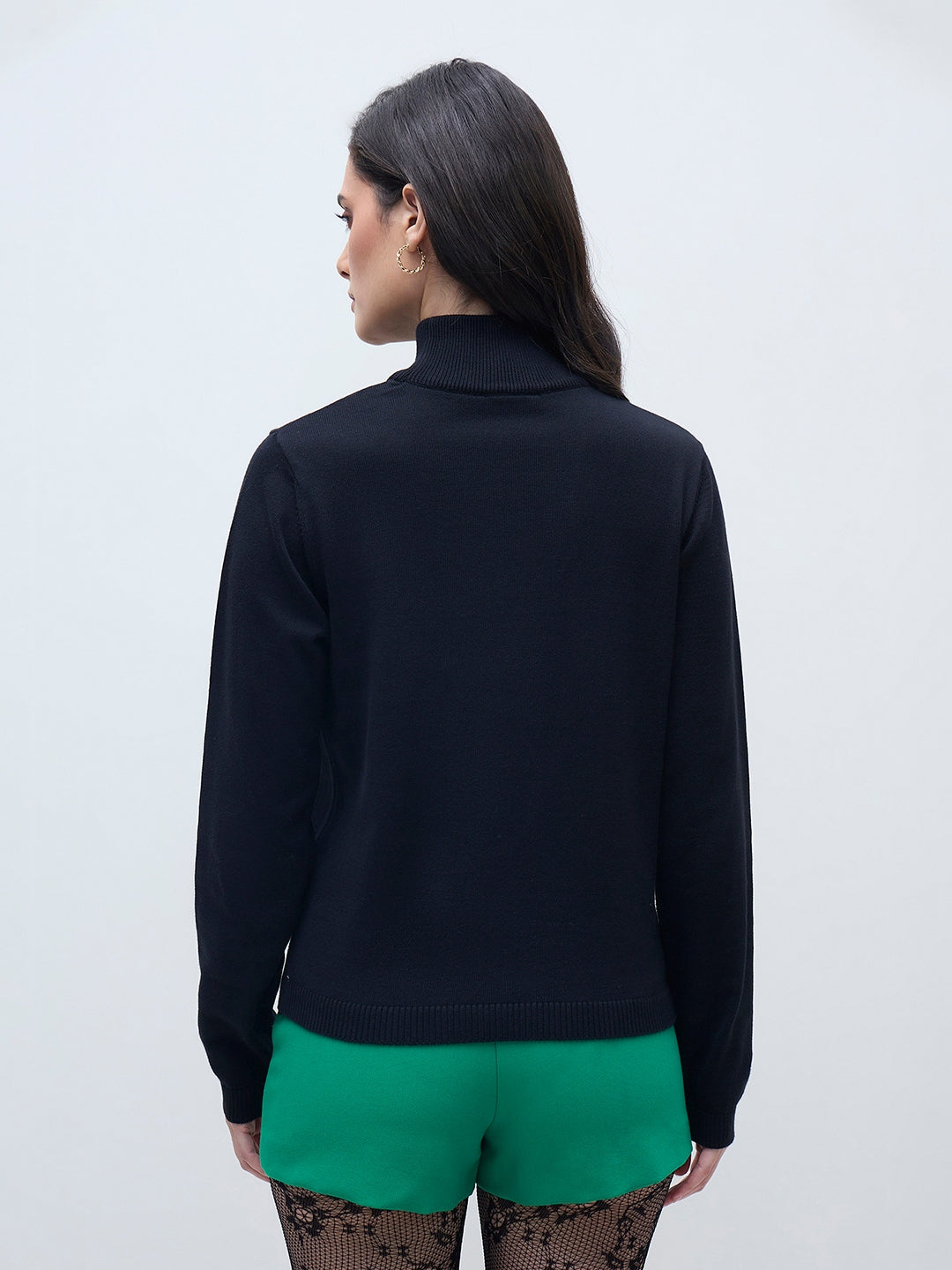 ELLE Women Black Cotton Solid High Rib Neck Sweater