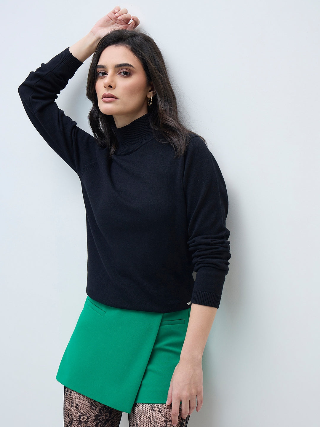 ELLE Women Black Cotton Solid High Rib Neck Sweater