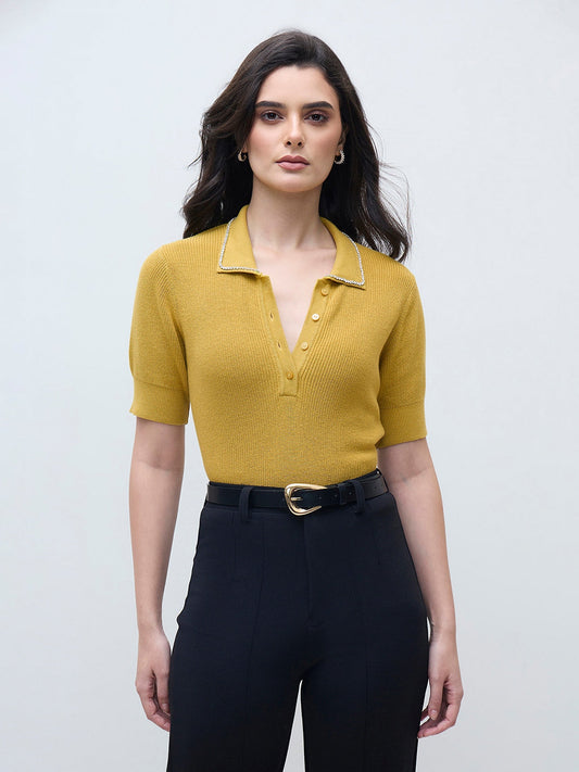 ELLE Women Yellow Solid Polo Neck T-Shirt