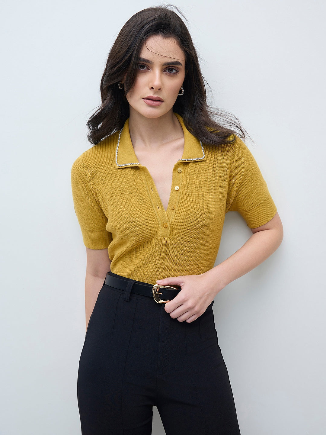 ELLE Women Yellow Solid Polo Neck T-Shirt