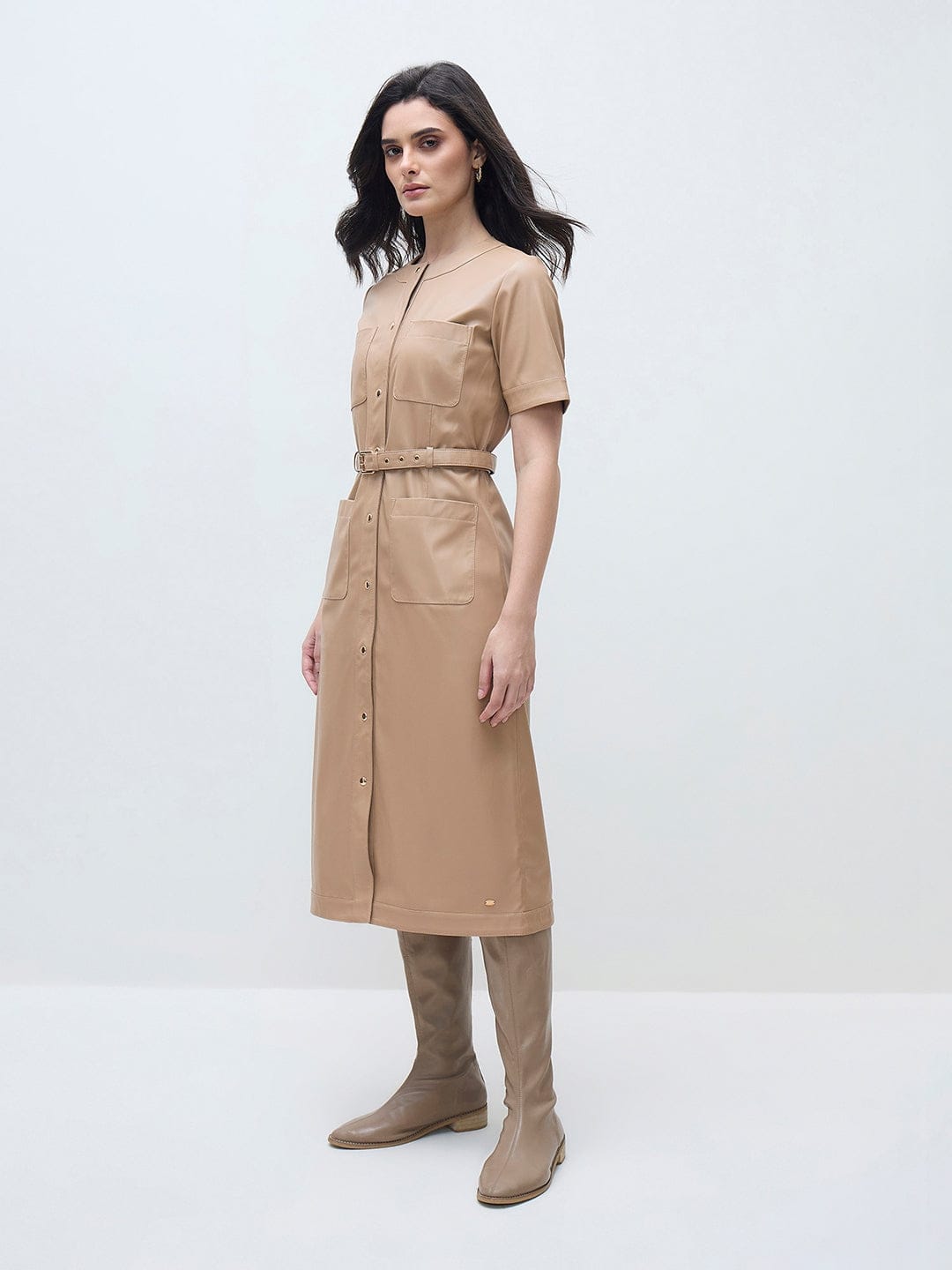 ELLE Women Beige Solid Crew Neck Dress