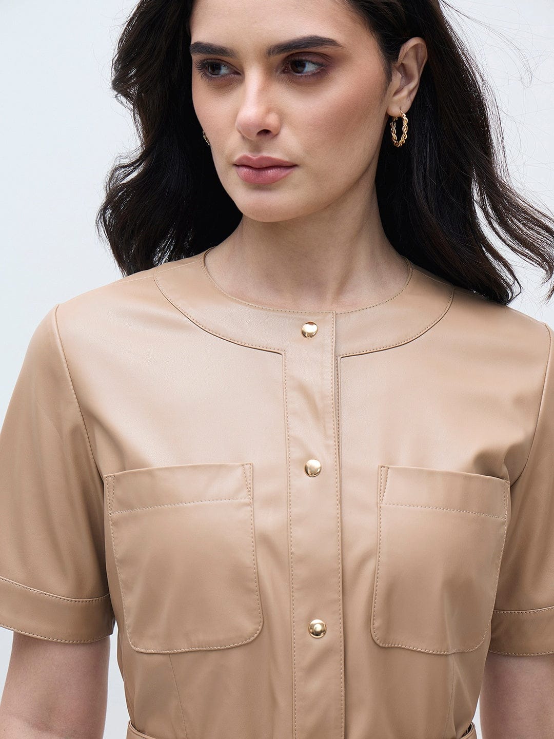 ELLE Women Beige Solid Crew Neck Dress