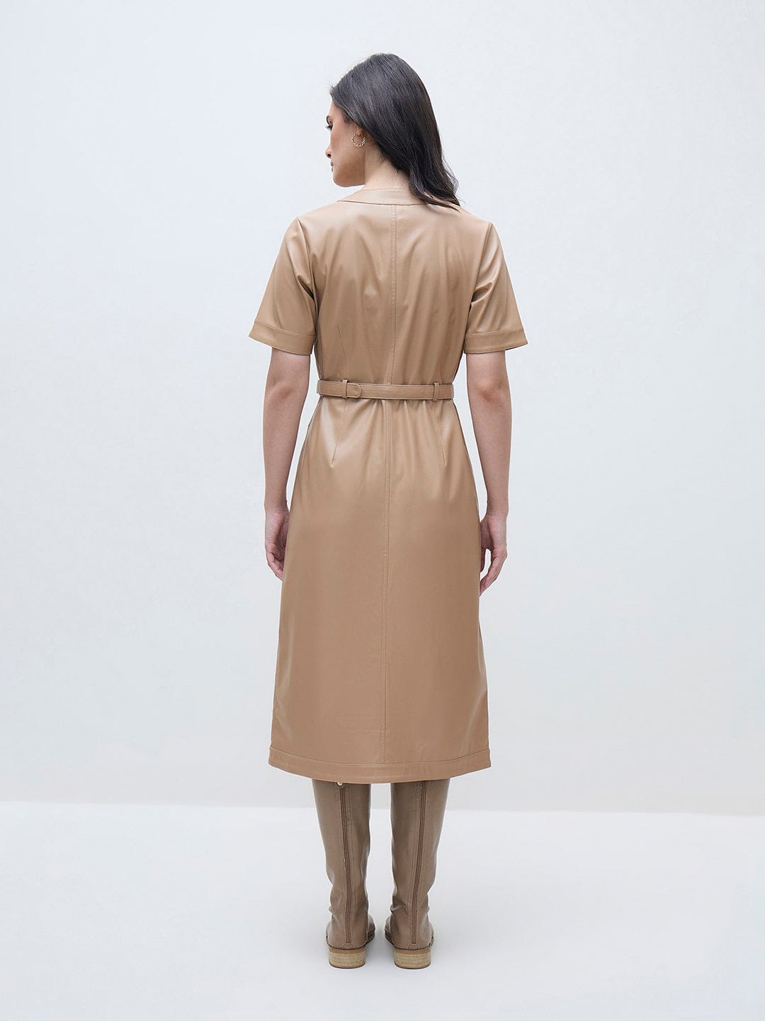 ELLE Women Beige Solid Crew Neck Dress