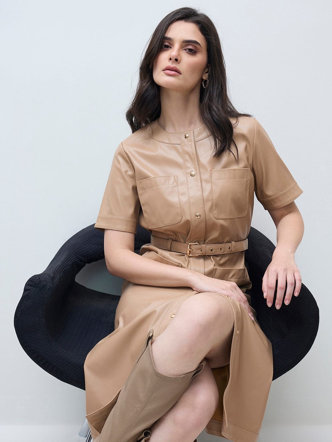 ELLE Women Beige Solid Crew Neck Dress