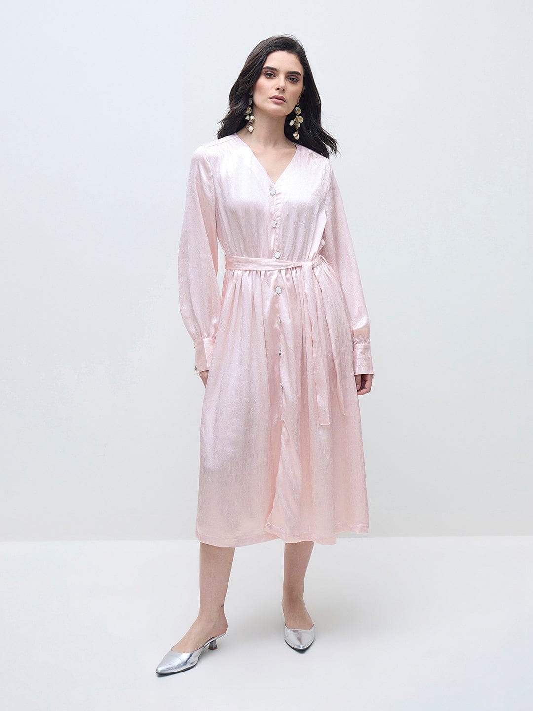 ELLE Women Light Pink Solid V neck Dress