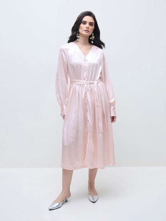 ELLE Women Light Pink Solid V neck Dress