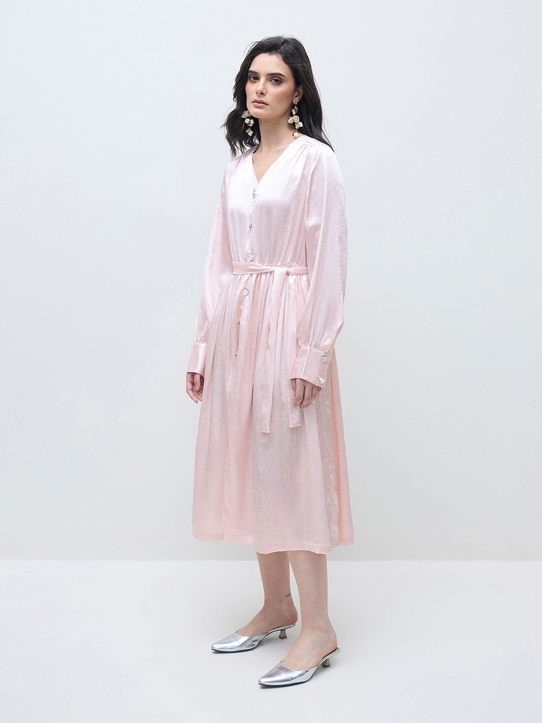 ELLE Women Light Pink Solid V neck Dress