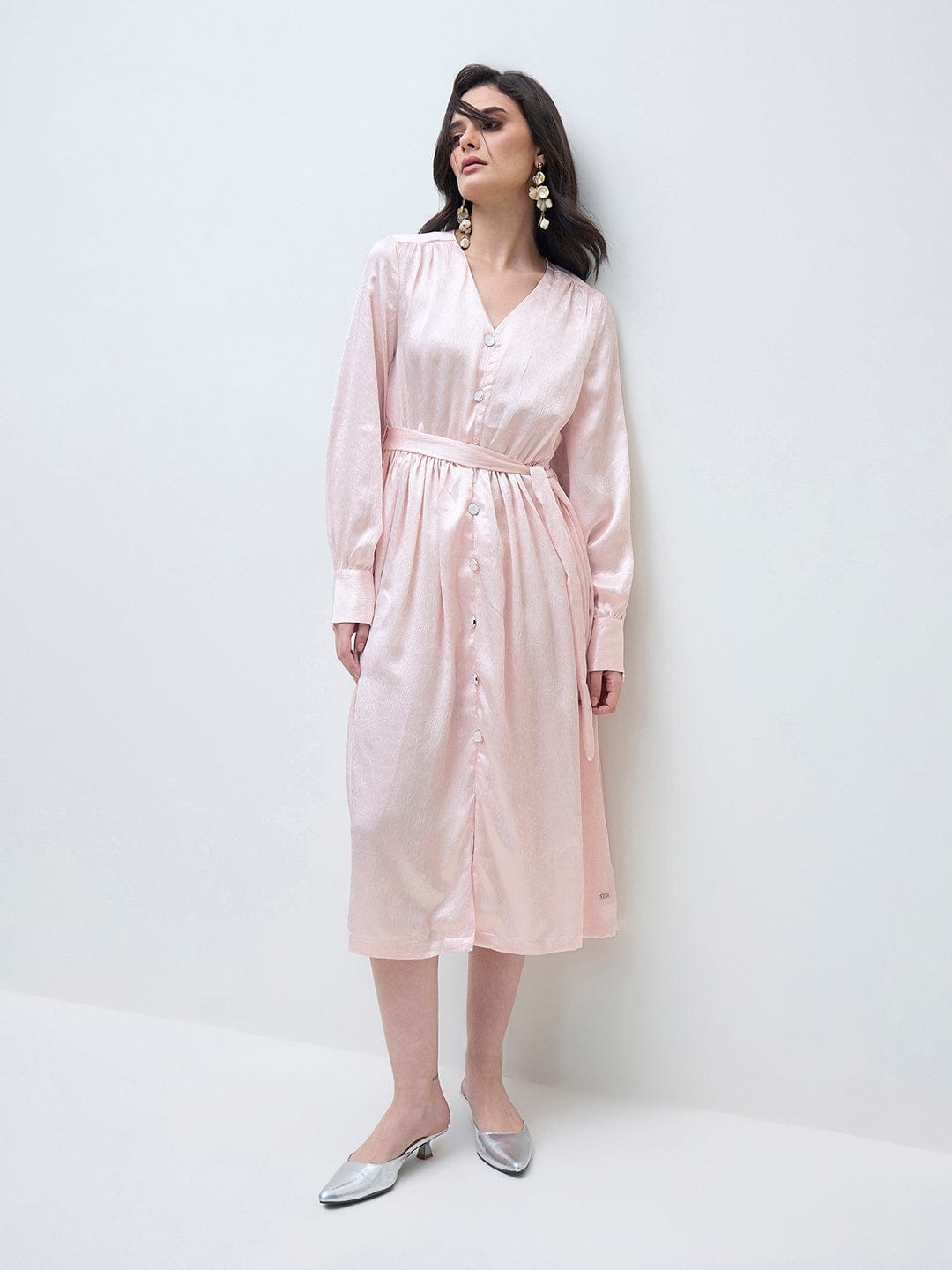 ELLE Women Light Pink Solid V neck Dress