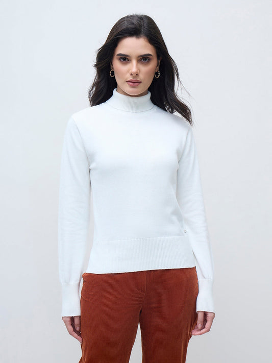 ELLE Women White Cotton Solid High Neck Rib Sweater