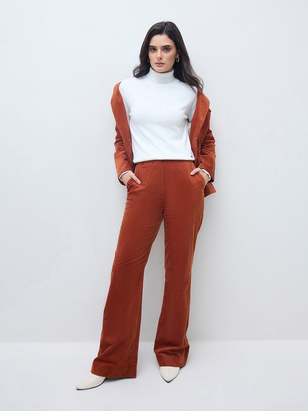 ELLE Women White Cotton Solid High Neck Rib Sweater