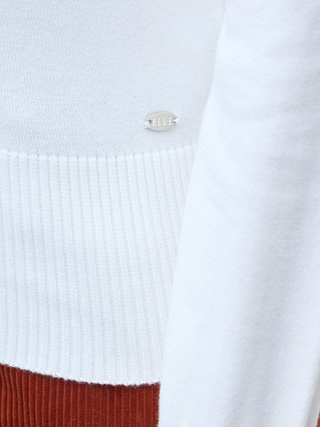 ELLE Women White Cotton Solid High Neck Rib Sweater