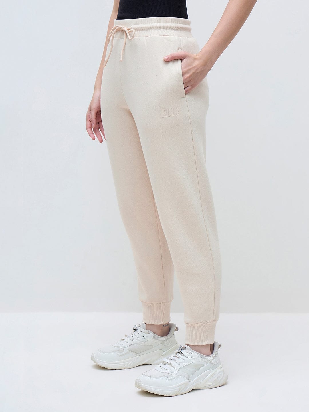 ELLE Women Cream Blended Solid Sweatpant