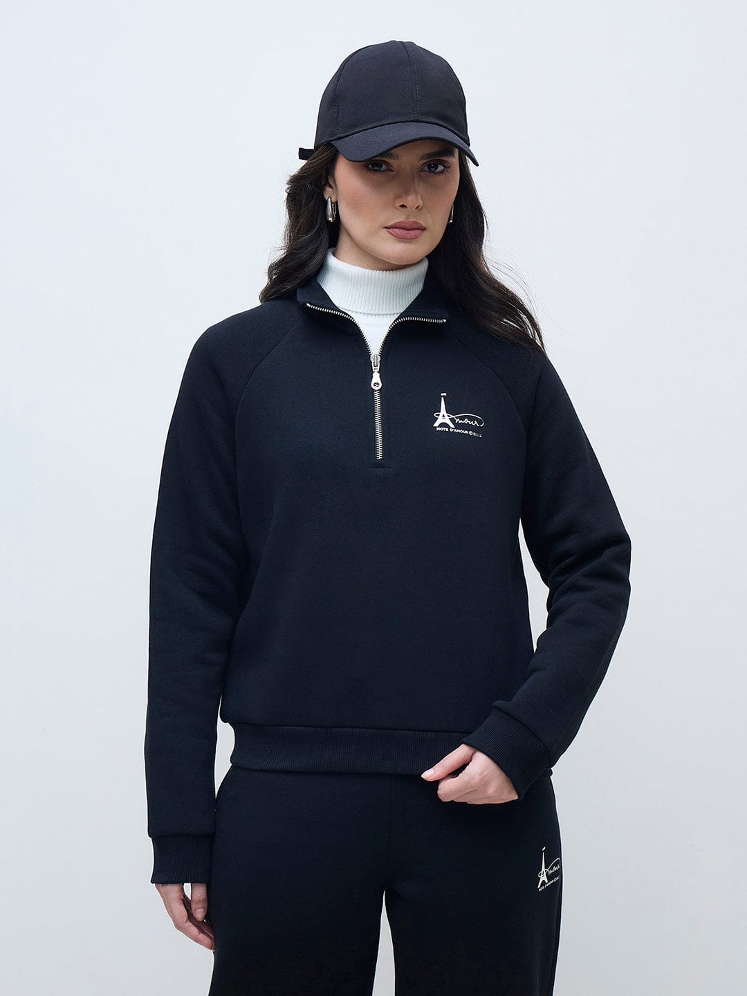 ELLE Women Black Branded Artwork Solid Sweatshirt