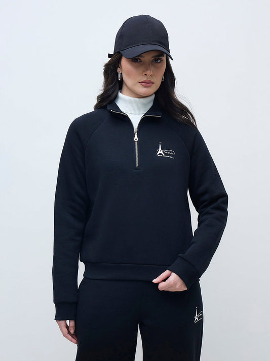 ELLE Women Black Branded Artwork Solid Sweatshirt